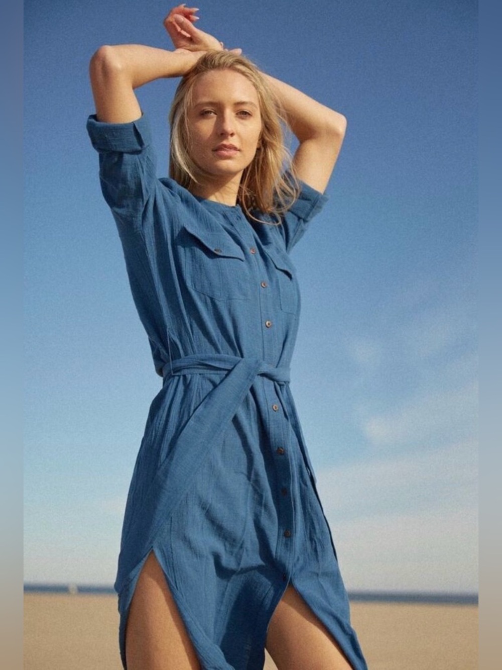 Veronica Beard Blue Gauze Cotton Makua Swim Cover Shirt Dress Midi XS